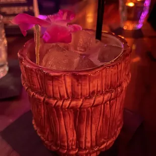 Nightman - Dark Rum / Smith &amp; Cross Rum / Cherry Heering / Coconut Rum / Cream of Coconut / Spiced Hibiscus Syrup / Lime / OJ