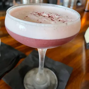 Calypso Sour - Rooibos Pomegranate Tea Cachaca / Malbec / Cocchi Dopo Teatro / Strawberry / Honey / Egg White / Lemon