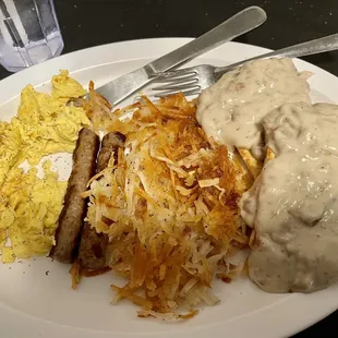 Classic breakfast with a side of biscuits and gravy