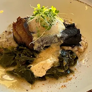 Smoked pork belly with Jimmy red grits, Miso, Mustard greens, sous vide egg