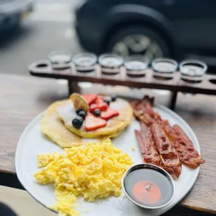 Lemon Ricotta pancakes, bacon, scramble and flight of soju