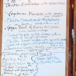 A recent menu from the Sundown-omnivore friendly, vegan and vegetarian friendly and varied-healthy disguised as delicious