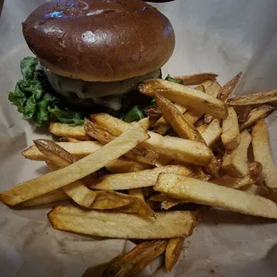 a hamburger and french fries