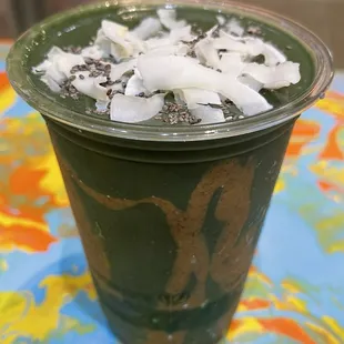 JUNGLE MATCHA Japanese Matcha Powder Banana, Kale, Soirulina, Almond Milk &amp;  Butter, Honey * Chia Seeds, Cooonut Flakes , Almond Butter