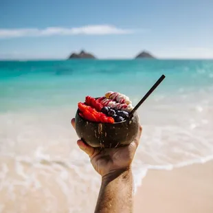 a person holding a coconut bowl with fruit in it