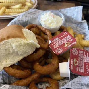 a sandwich and onion rings