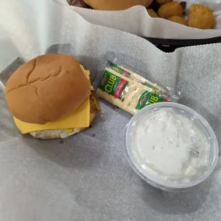 Jr. Superburger with cheese, mustard and pickles. And Some Amazing Cottage Cheese