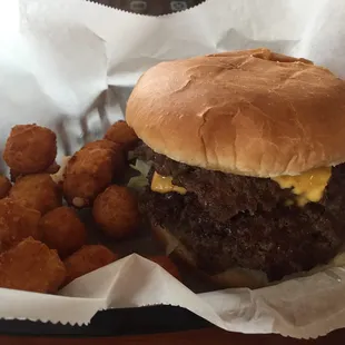 Double cheeseburger with pepper jack cheese bites.  Yum!