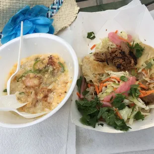 Half devoured shrimp &amp; grits; BBQ beef Taco, yumm!