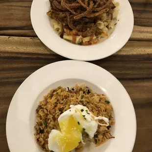 Top: smoky bbq cheesy mac  Bottom: sriracha fried rice