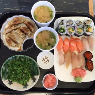 Salmon, tuna, yellowtail nigiri, seaweed salad, Gyoza &amp; two rolls. Not pictured: ramen