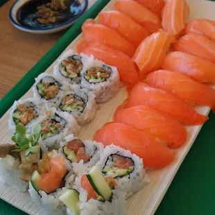 Salmon Skin Roll, Salmon Nigiri, and Fireball Roll