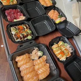 a variety of sushi dishes