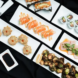 a variety of sushi dishes