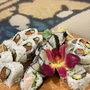 a plate of sushi rolls