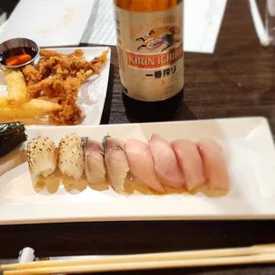 Softshell crab hand roll. Nigiri: squid, mackerel, yellowtail.