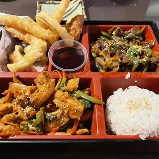 Dinner Bento Box with Stir Fry Beef and Stir Fry Chicken