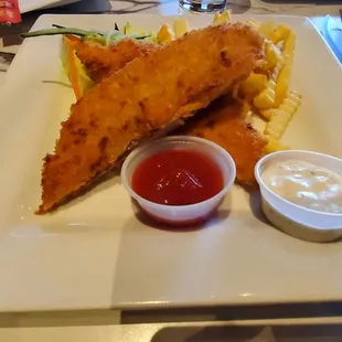 fish and fries with ketchup