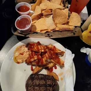 Steak, chips and salsa, spinach dip