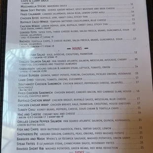 Dinner menu