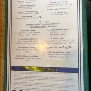 Sandwich and dinner menu