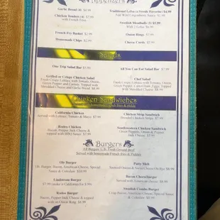 Appetizer and sandwich menu