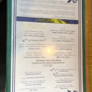 Sandwich and dinner menu