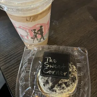 Lavender milk tea and Oreo cheesecake