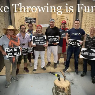 Axe throwing Christmas parties for different groups! Take, for instance, this group of pastors-they know how to cut up and have some fun!