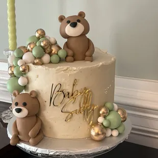 Home made almond cake with raspberry filling and buttercream frosting. The theme was &quot;We can Bearly Wait&quot; no gender revealed.