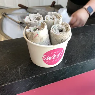 Birthday cake Thai rolled ice cream! Oreo, rainbow sprinkles, sweet cake mix-ins.