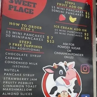 the menu for the sweet place
