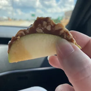 a hand holding a piece of food