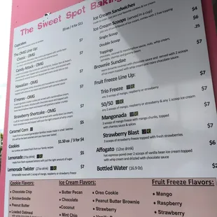 the menu for the sweet spot