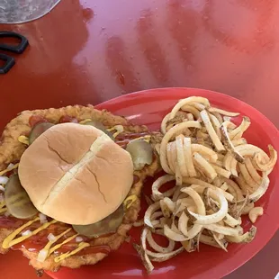 Breaded loin and hand cut curly Q's