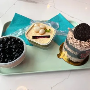 Brown sugar boba pudding, soy mochi tiramisu, &amp; Oreo layer cake