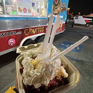 Funnel Cake with Powdered Sugar strawberry&apos;s and ice cream