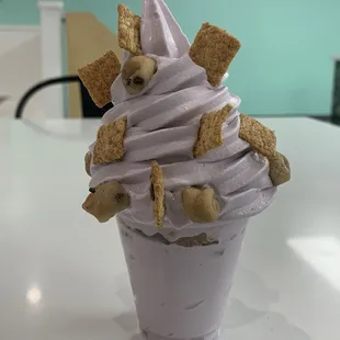 Taro soft serve with cookie dough bites and Cinnamon Toast Crunch