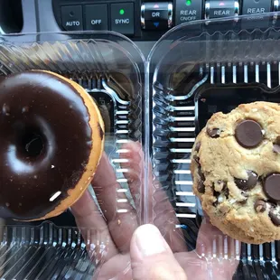 two chocolate chip doughnuts