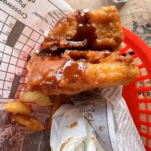 Fish &amp; Chips with Brown sauce.