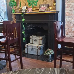 View of the fireplace from our high top