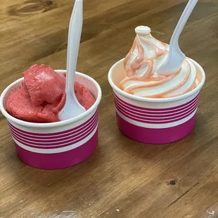 Raspberry gelato and soft serve with peach ripple