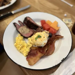 Some of the various items served - brisket, eggs, eggs bendict, bacon and fruit.  All delicious.
