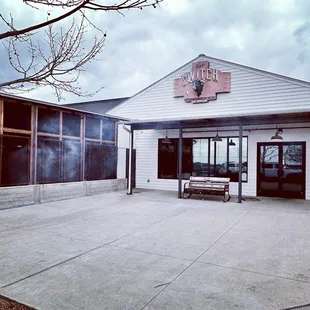 a building with a bench outside
