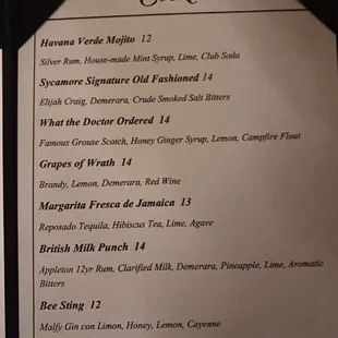 Seasonal drink menu. Try the British Milk Punch and the Bee Sting while you can. So good.