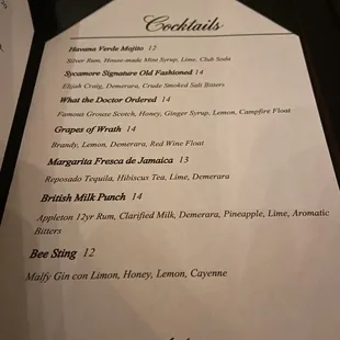 Cocktail menu