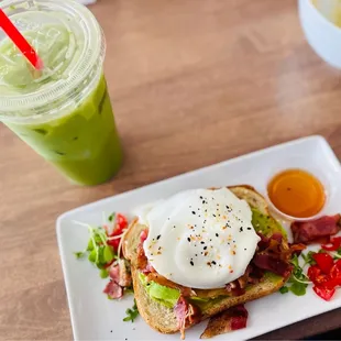 Amazing Iced matcha, and loaded avocado toast