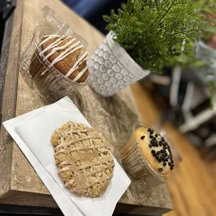 a cupcake, muffins, and a cookie