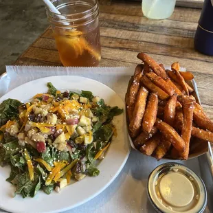 Seasonal salad w/ sweet potato fries.