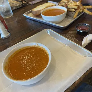Tomato dill soup, BLT, and Parmesan French fries.
